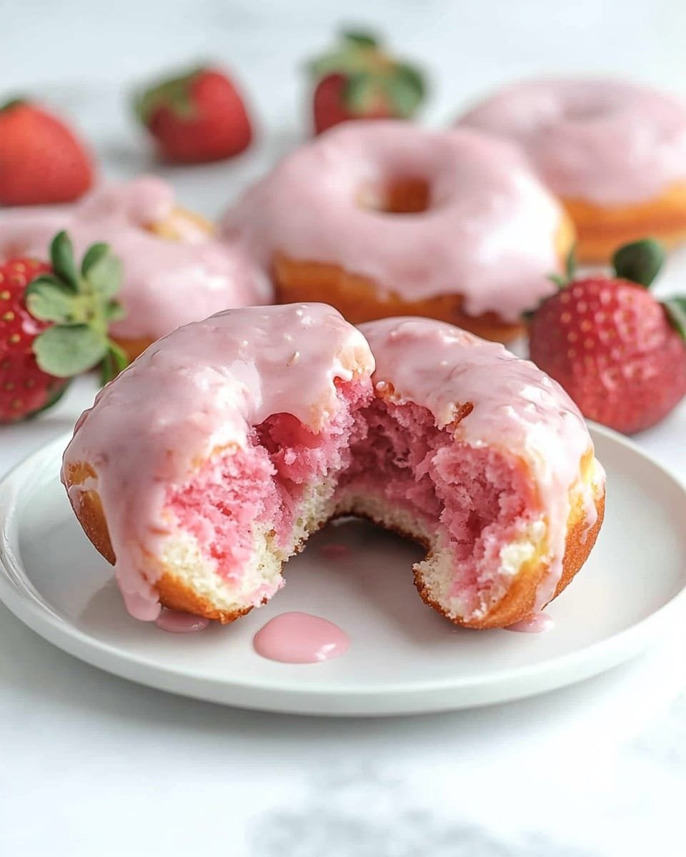 A white plate holds a pink donut that is broken in half, showing its soft and airy inside texture with a creamy white glaze dripping down the top and sides. Around the plate, there are three fresh red strawberries with green leafy tops. In the blurry white marbled background, more pink glazed donuts are visible, adding depth to the image. photo taken with an iphone --ar 4:5 --v 6.1