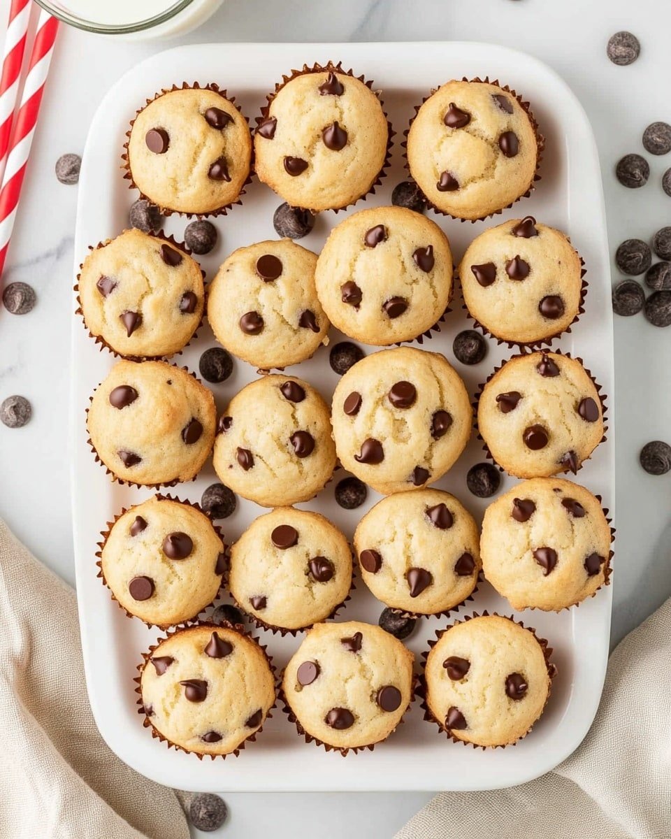 A white rectangular plate piled high with three layers of small, round chocolate chip muffins, each muffin baked to a light golden brown with dark chocolate chips scattered across the tops and sides. Some chocolate chips are loose on the white marbled surface around the plate. In the background, there are glass bottles of milk with red and white striped straws, and a tan cloth softly draped behind them. The scene is bright and clean. Photo taken with an iphone --ar 4:5 --v 6.1