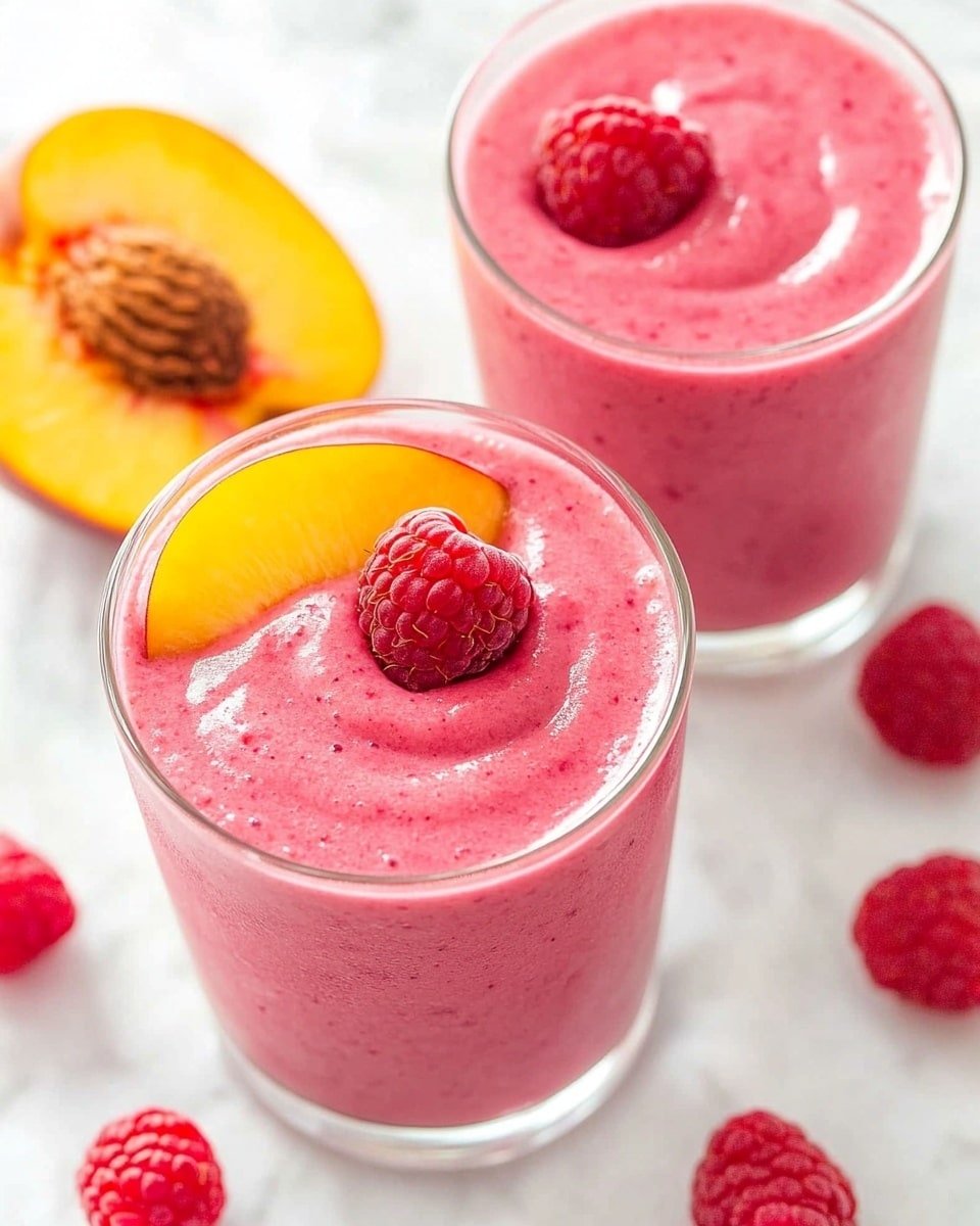 Two clear glasses filled with a thick, smooth, bright pink smoothie placed on a white marbled surface. Each glass has a shiny, creamy textured top layer with a half peach slice and a whole red raspberry resting on the surface. Around the glasses, there are scattered whole raspberries and peach slices, adding vibrant red and orange-yellow colors to the scene. The lighting is soft and bright, highlighting the fresh and rich texture of the smoothie. photo taken with an iphone --ar 4:5 --v 6.1