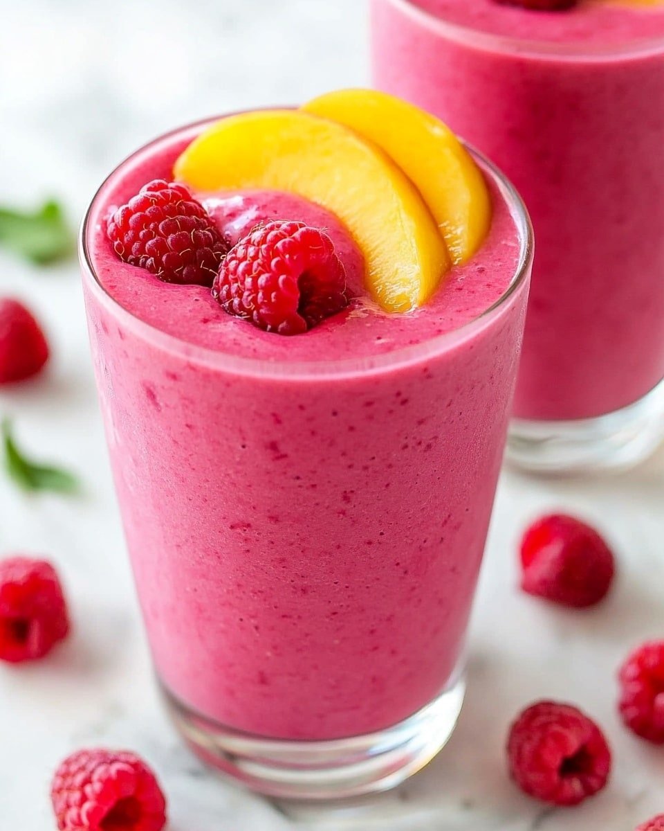 The image shows a tall, clear glass filled with a thick, bright pink smoothie with a smooth texture. On top of the smoothie, there is one red raspberry and two small, curved slices of yellow peach placed next to each other. The glass is set on a white marbled surface, with a few fresh raspberries and peach slices scattered around it. In the background, there is a second glass with the same pink smoothie and a single raspberry on top. photo taken with an iphone --ar 4:5 --v 6.1