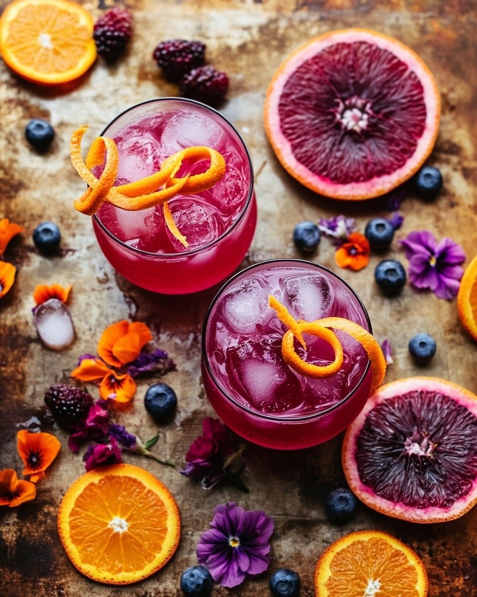 Two short glasses filled with a deep pink drink and ice cubes sit on a rustic brown surface. Each glass is topped with long, curly orange peel twists. Around the glasses are several slices of dark red blood oranges, fresh blueberries, and scattered small orange flower petals. There are also a few purple and dark red flowers placed among the fruit slices, adding color contrast. The scene is vibrant and fresh, with rich reds, purples, blues, and orange tones creating a natural and inviting look. Photo taken with an iphone --ar 4:5 --v 6.1