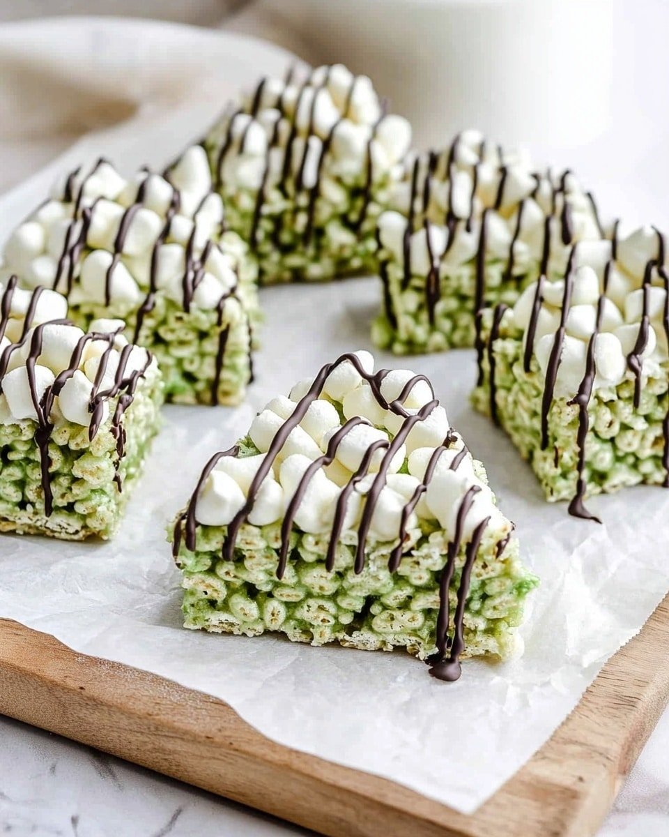 The image shows a close-up of two stacked dessert squares made of light green puffed rice cereal mixed with white marshmallows, some marshmallows visible inside and on top. The squares are drizzled with thin, dark brown chocolate lines across the top. The texture is crispy and slightly bumpy from the cereal pieces. Around the main stack, there are more similar squares scattered on a white marbled surface, along with a few loose white marshmallows and bits of cereal. In the background, there is a white bowl slightly blurred. The photo taken with an iphone --ar 4:5 --v 6.1