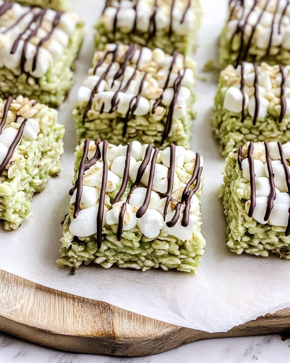 The image shows several square dessert bars made of light green crispy rice cereal mixed with small white marshmallows, arranged on a white marbled surface. Each bar is thick and has a textured, bumpy surface. Dark brown chocolate drizzle lines run across the top of every piece in thin, uneven stripes, adding contrast to the pale green and white colors of the bars. The bars are placed closely in neat rows on white parchment paper that lies on a wooden board with a handle. Photo taken with an iphone --ar 4:5 --v 6.1