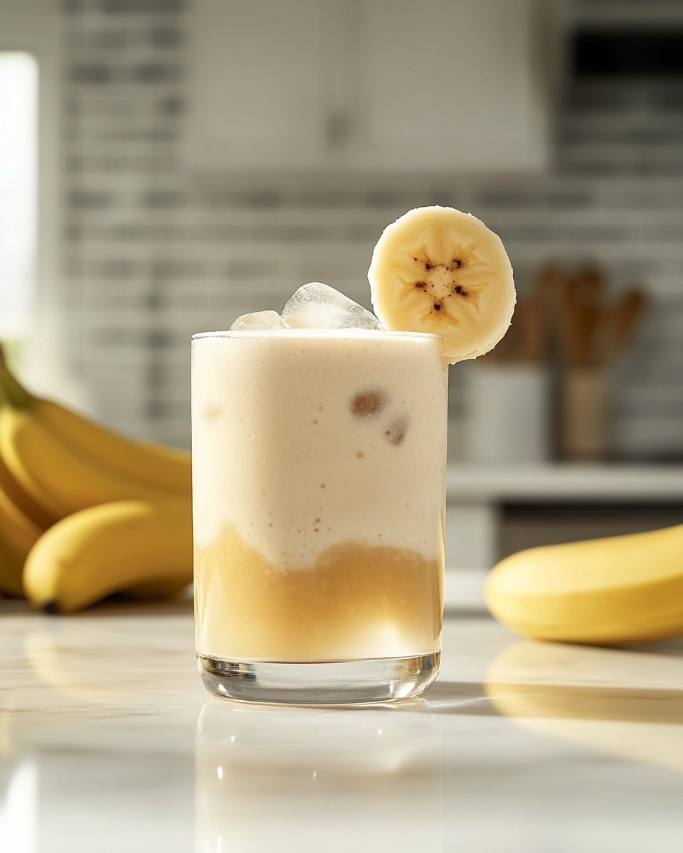 A clear short glass filled with a creamy, light beige drink that has a gradient of darker beige at the bottom and a foamy layer on top. Inside the drink, small ice cubes are visible, adding texture and shine. A single round banana slice, showing its spots and texture, is placed on the rim of the glass. The scene is set on a white marbled countertop with several ripe yellow bananas with small brown spots placed around the drink. The background is a softly blurred kitchen with white tiled backsplash and kitchen utensils in neutral tones. Photo taken with an iphone --ar 4:5 --v 6.1