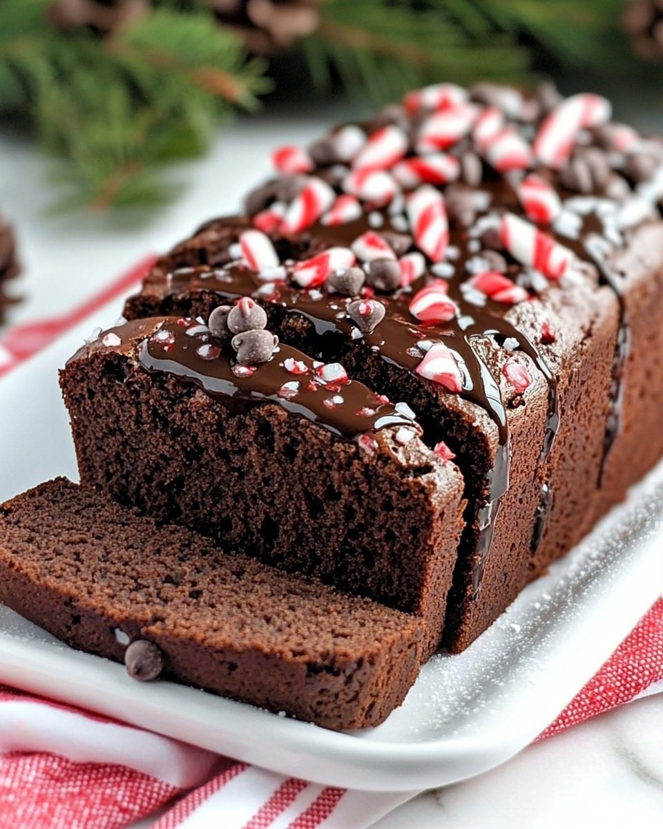 A sliced chocolate loaf cake is placed on a white rectangular plate on a white marbled surface. The cake has three visible layers of moist, dark brown chocolate. The top of the cake is drizzled with dark chocolate sauce and sprinkled with small white and pink peppermint bits and chocolate chips. Behind the cake, there is green pine foliage and some pinecones, adding a festive touch. The cake slices in front show the rich texture and topping clearly. Photo taken with an iphone --ar 4:5 --v 6.1