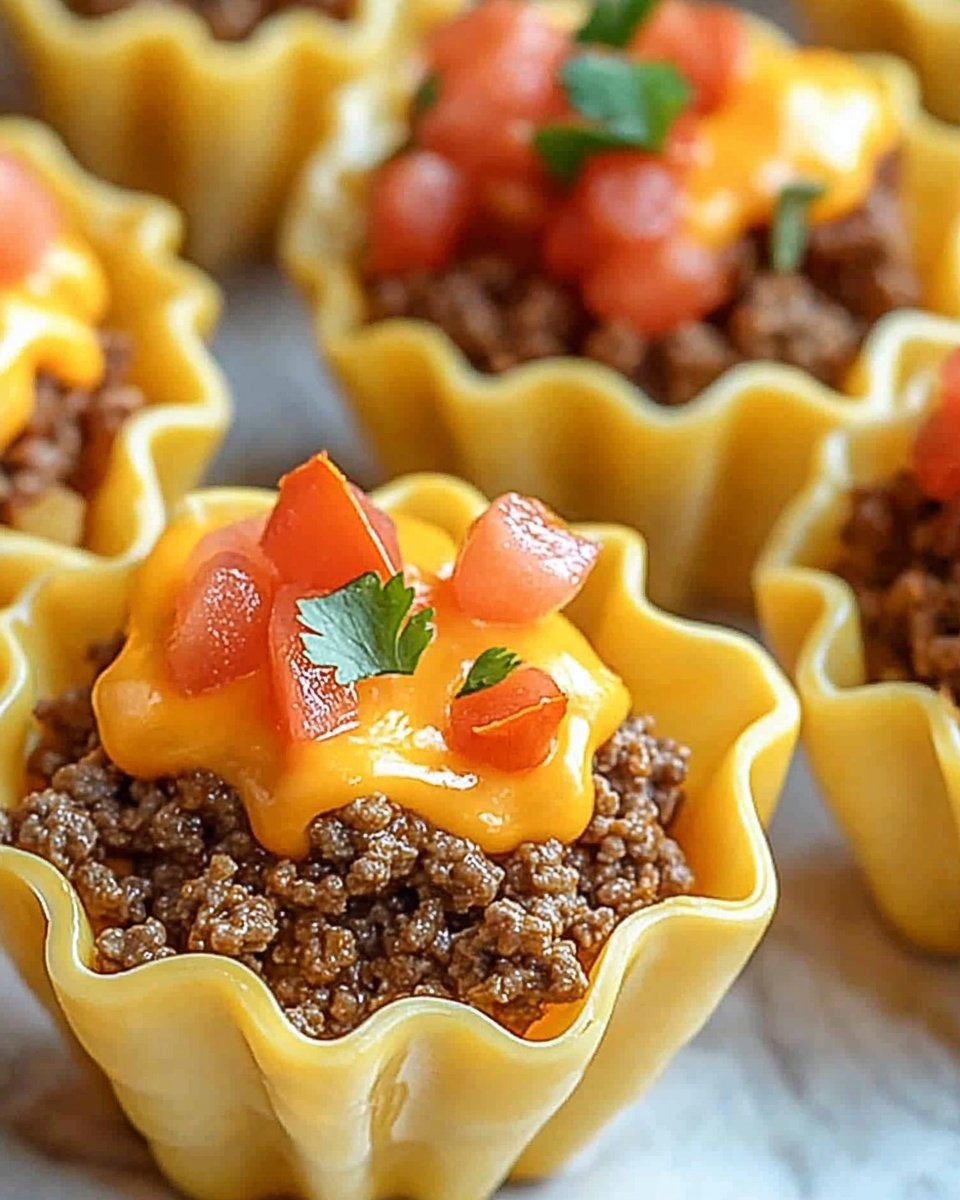 A close-up view of multiple small white pastry cups filled with a mix of browned ground meat, diced red peppers, and melted orange-yellow cheese, topped with small pieces of fresh green herbs. The pastry cups have a crimped edge, giving them a flower-like shape, and are tightly packed in a shallow white bowl with a brownish rim, placed on a white marbled surface. The warm colors of the filling contrast nicely with the light yellow of the crispy pastry cups. photo taken with an iphone --ar 4:5 --v 6.1