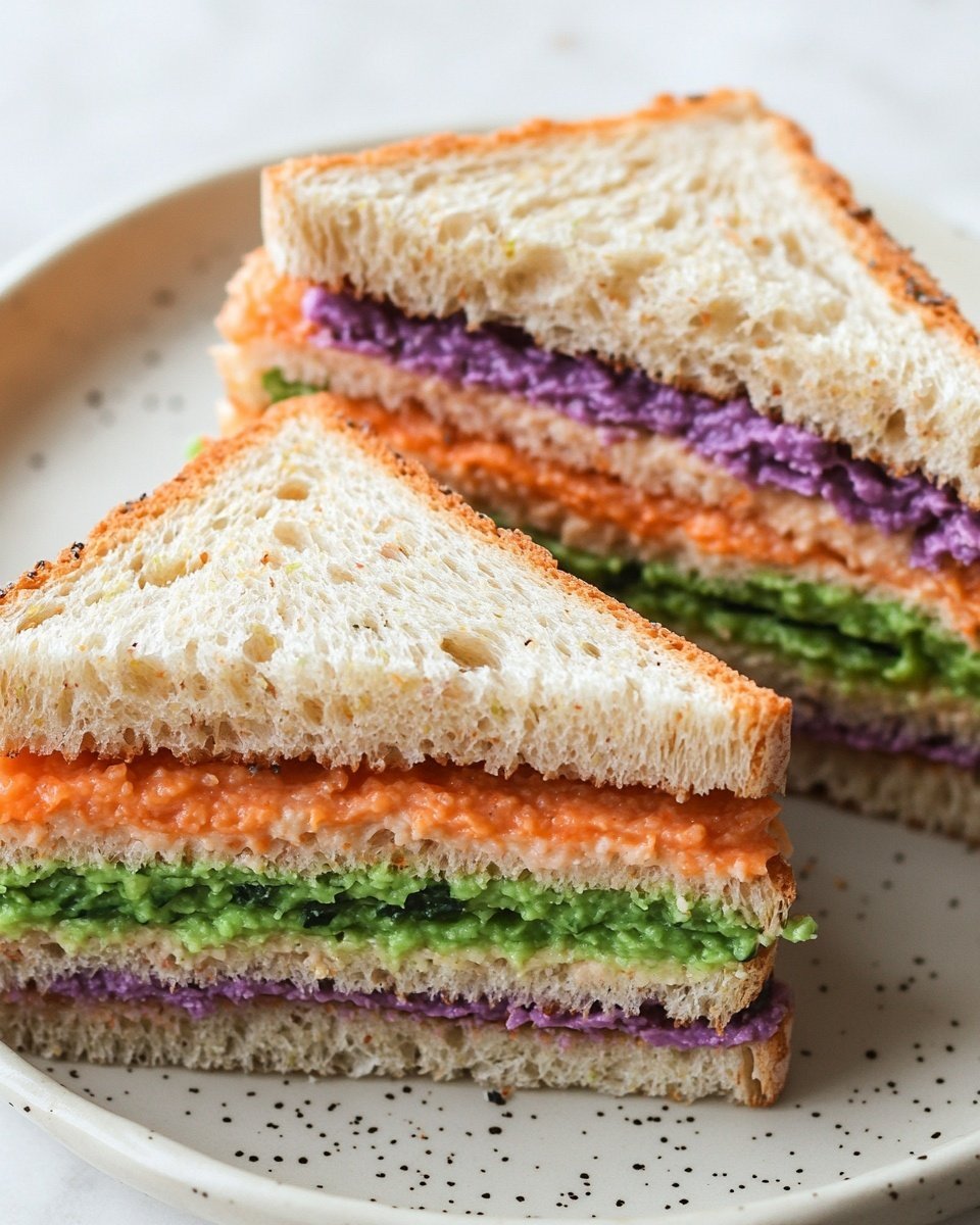 The dish shows several small sandwich triangles made with soft whole wheat bread, each sandwich having three layers of filling. The first filling layer is a light salmon pink color with a creamy texture, the middle layer is a smooth, pastel purple, and the third layer is a mashed green, adding a fresh look. The sandwich pieces are placed on a round white plate with light brown speckles, sitting on a white marbled surface. The close-up view highlights the soft texture of the bread and the colorful layers inside each sandwich. photo taken with an iphone --ar 4:5 --v 6.1