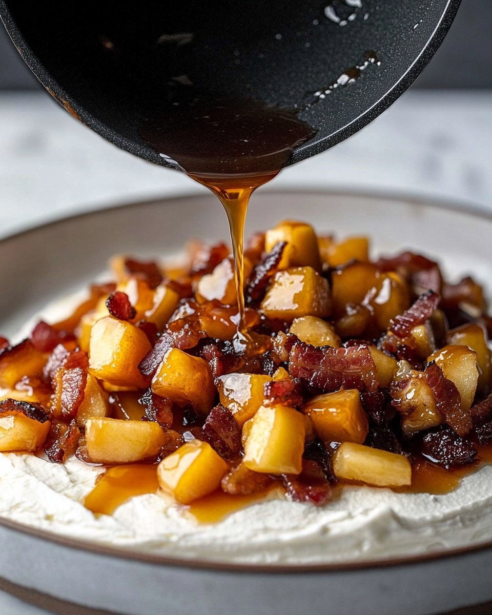 The image shows a close-up of a white plate on a white marbled surface, with a thick layer of smooth white cream cheese spread evenly across the plate's bottom. A dark pan is tilted above the plate, pouring a glossy mixture of cubed caramelized orange-yellow apples and small bits of cooked bacon with a rich syrup coating over the cream cheese layer. The syrup drips slightly from the pan, adding shine and a warm amber color. In the background, the white marbled surface is partially visible, contrasting with the warm tones of the fruit and bacon mixture. Photo taken with an iphone --ar 4:5 --v 6.1