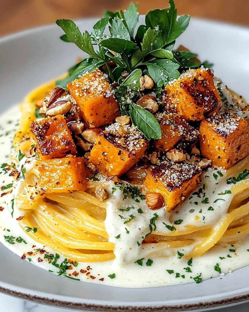 The dish shows a white plate holding a nest of yellow pasta with a smooth, light creamy sauce draped over it. On top of the sauce, there are crispy, golden-brown cubes, arranged in a loose pile. Scattered over the top are small green herb bits and reddish flakes, adding color contrast. Some whole walnut pieces with a rough texture sit among the cubes, and a small bunch of fresh green leaves garnishes the very top. The plate rests on a white marbled surface. photo taken with an iphone --ar 4:5 --v 6.1