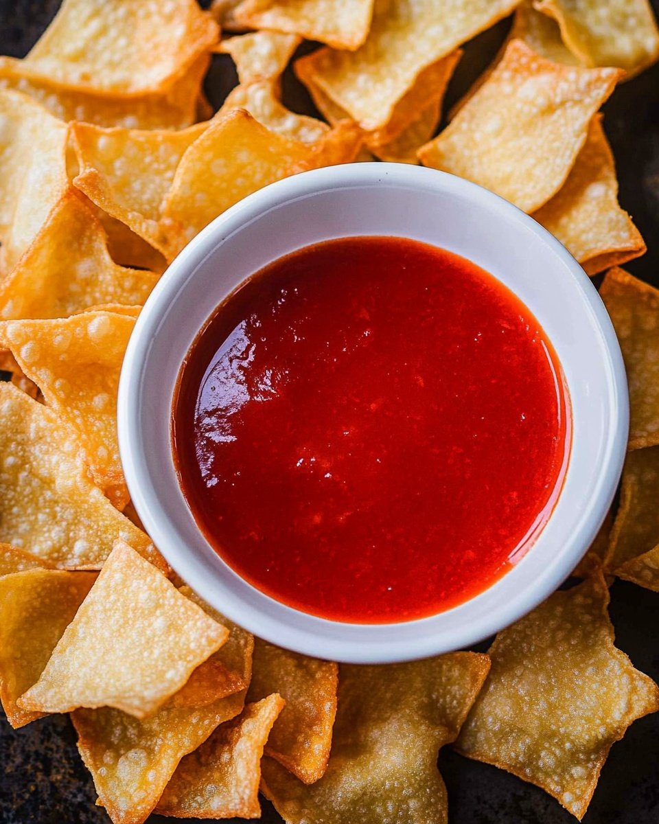 A close-up image showing a white bowl filled with bright red dipping sauce. A golden, bubbly fried wonton chip is dipped halfway into the sauce. Around the bowl, more square-shaped golden fried wonton chips with bumpy textures are scattered on a white marbled surface. The scene highlights the crispy texture of the chips and the smooth shine of the sauce. Photo taken with an iphone --ar 4:5 --v 6.1