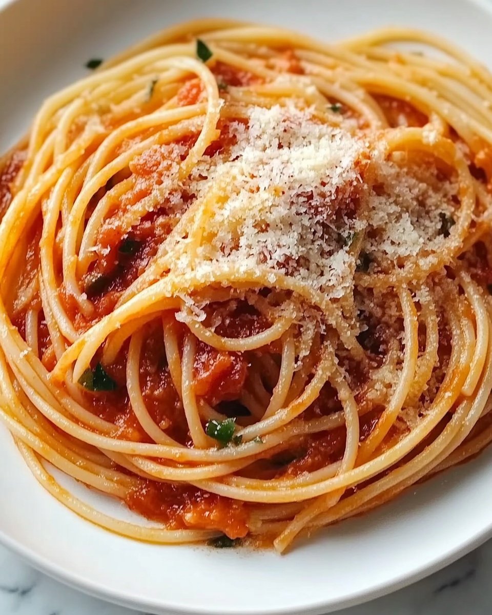 A white plate filled with a large serving of spaghetti covered in a red tomato sauce, mixed with small pieces of meat and cherry tomatoes. The spaghetti strands are loosely piled, showing some soft shadows and highlights. On top, there is a generous sprinkling of finely grated cheese that looks light and fluffy, melting slightly on the warm pasta. A small fresh green basil leaf is placed near the edge, adding contrast to the red and pale yellow colors. The background shows a white marbled surface. Photo taken with an iphone --ar 4:5 --v 6.1