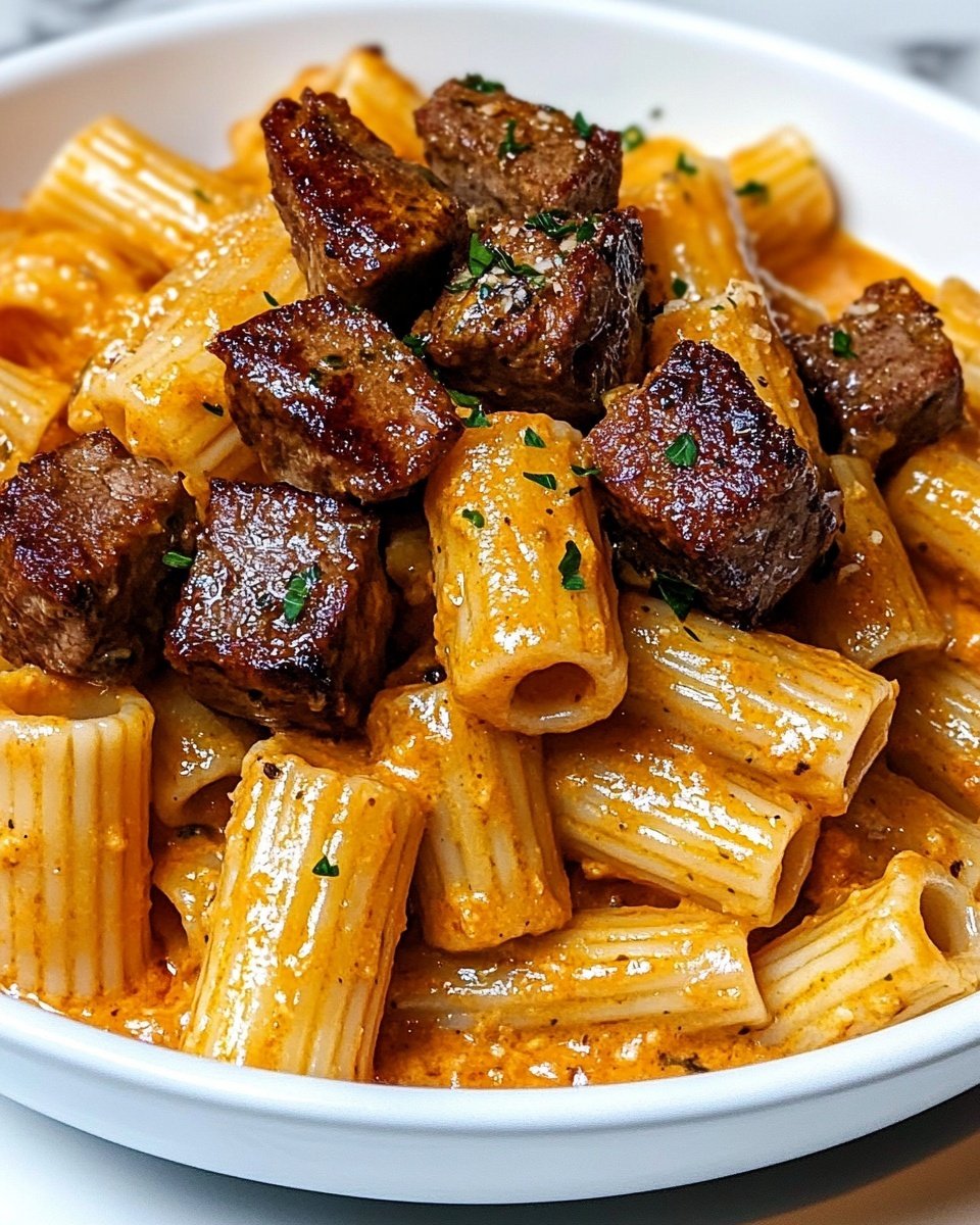A white bowl filled with creamy rigatoni pasta coated in a light orange sauce, speckled with small green herb bits, forms the bottom layer. On top, there are several browned, juicy meat cubes with a slightly crispy, dark brown outer texture. The pasta looks soft and glossy, while the meat chunks appear tender and rich. The dish is placed on a white marbled surface. photo taken with an iphone --ar 4:5 --v 6.1
