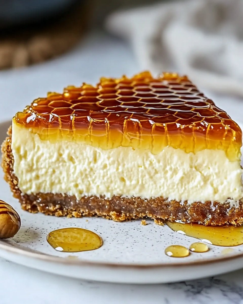 A slice of a three-layered dessert is shown on a white plate with a spoon beside it. The bottom layer is a crumbly, light brown crust with a slightly rough texture. Above it, there is a dense creamy middle layer that is pale yellow and smooth. The top layer is a glossy honeycomb pattern in shades of amber and brown, with some honey dripping down to the middle layer. Small crumbs are scattered around the plate. The background is a white marbled surface with soft focus and some blurred flowers. Photo taken with an iphone --ar 4:5 --v 6.1