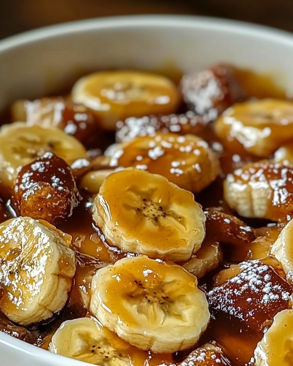 A deep round white dish filled with a baked banana dessert that has about three layers: a golden brown crumbly topping scattered with caramelized banana slices, beneath which is a shiny, syrupy layer, and at the bottom, a soft, moist base barely visible around the edges. The banana slices are yellow with light browning spots, and the crumbs look crunchy with light and dark brown textures. The dish sits on a beige cloth on a dark surface with a blurred background including a whole banana and a spoon with crumbs nearby. Photo taken with an iphone --ar 4:5 --v 6.1
