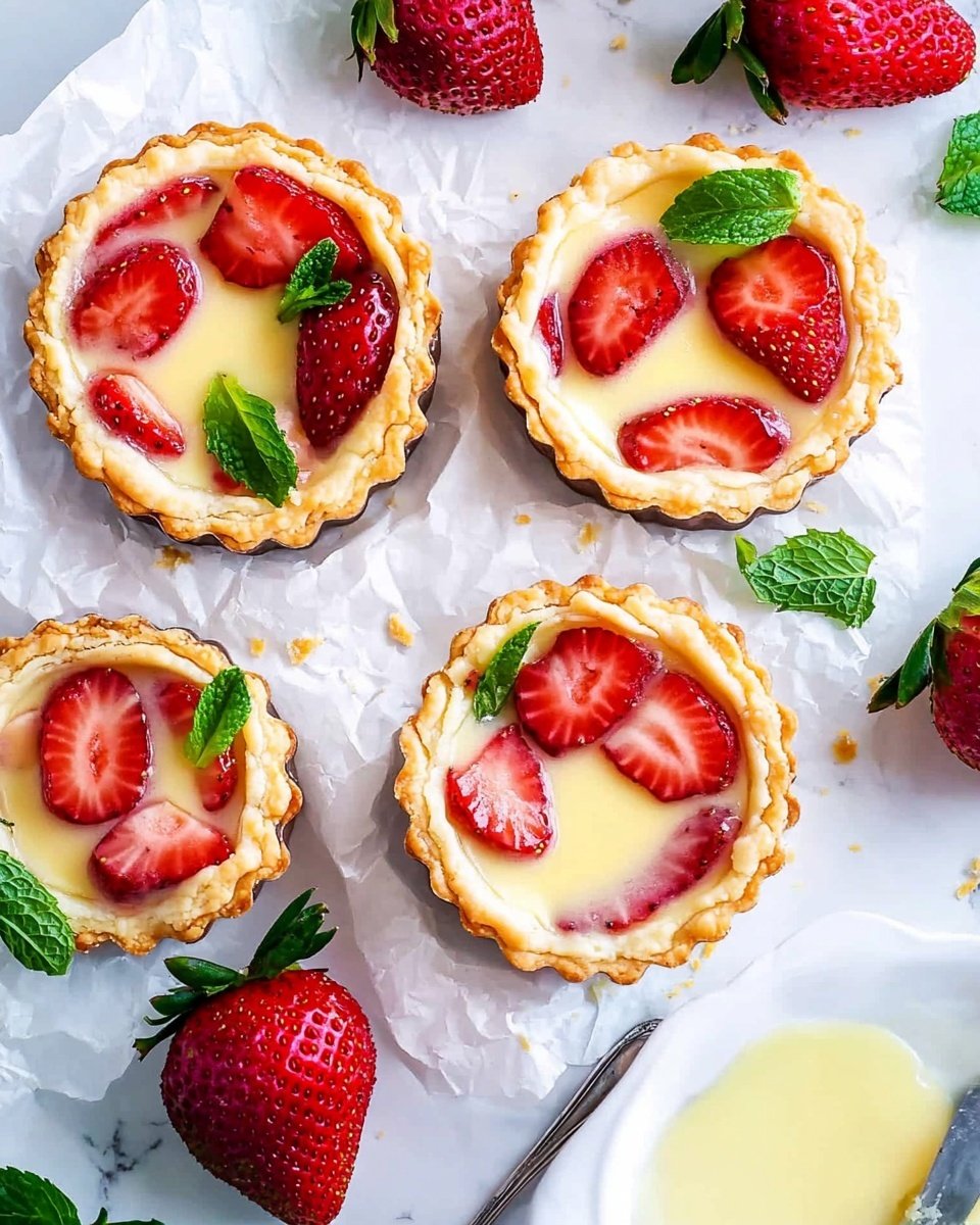 The image shows several small tarts with a golden-brown crust that looks crispy and flaky. Each tart has a creamy pale yellow filling topped with bright red sliced strawberries arranged in a random pattern. Small green mint leaves are scattered on top, adding a fresh touch. The tarts are placed on a white marbled surface, accompanied by whole strawberries and fresh mint sprigs nearby. A woman's hand is about to pick one tart, adding a sense of interaction. The lighting is bright and natural, highlighting the vibrant colors and textures of the dessert. photo taken with an iphone --ar 4:5 --v 6.1