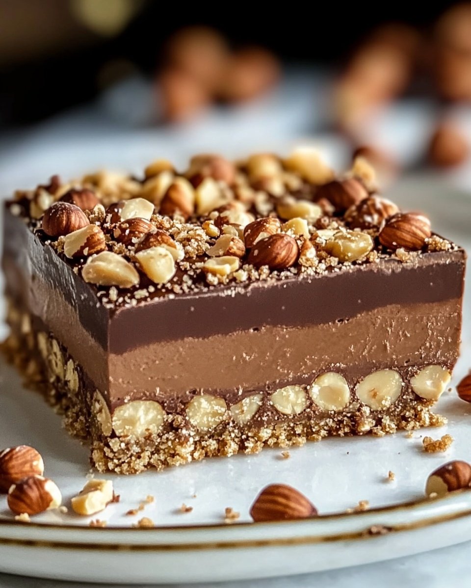 A square slice of layered dessert sits on a white plate with a detailed golden rim, placed on a white marbled surface. The bottom layer is crumbly with light beige and brown bits that look like crushed biscuits. Above this is a thick, smooth, light brown creamy layer. The middle layer is a thinner, darker brown glossy chocolate layer. The top layer is a rich, very dark brown chocolaty layer covered with whole and chopped mixed nuts, mainly almonds and hazelnuts, adding texture and color contrast. Photo taken with an iphone --ar 4:5 --v 6.1