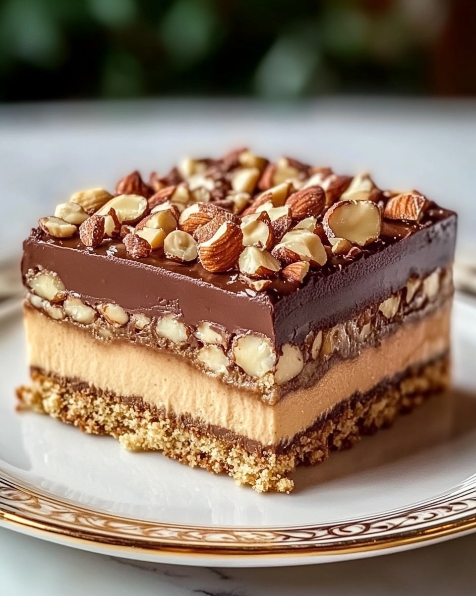 The image shows a close-up of a square chocolate dessert bar with four distinct layers on a white plate with a gold decorative border, placed on a white marbled surface. The bottom layer is a crumbly base with visible biscuit pieces in golden brown mixed with darker chocolate crumbs. Above this is a thicker, light brown creamy middle layer with a smooth texture. The third layer is a thin, glossy dark chocolate topping. The topmost layer is decorated with a mix of whole and chopped nuts including almonds and hazelnuts, adding a crunchy texture and a natural light brown and white color contrast. Photo taken with an iphone --ar 4:5 --v 6.1
