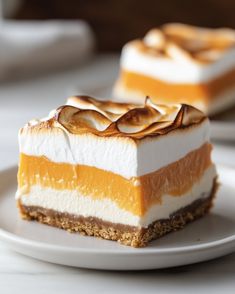 A close-up view shows two square pieces of layered dessert placed on round white plates, each with three layers: a bottom brown crust layer with a slightly crumbly texture, a middle thick orange layer with a smooth moist look, and a top white layer of toasted cream with golden brown swirls and small darker char marks. The dessert in the front is sharp in focus with its sides clean and straight, while the second piece in the background is slightly blurred. Both plates sit on a wooden table with a blurred fork and a cloth napkin nearby. Photo taken with an iphone --ar 4:5 --v 6.1