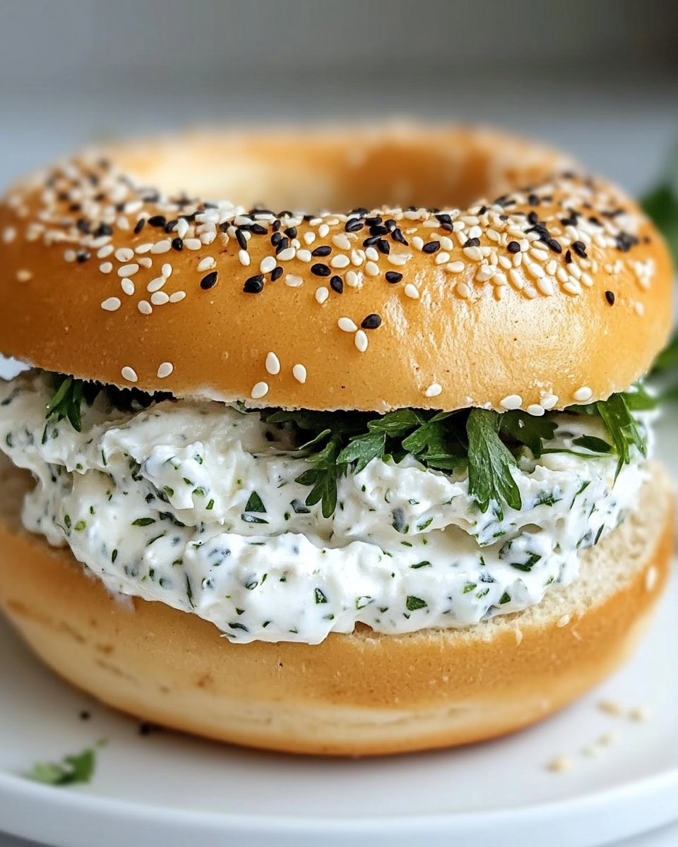Three white bagel halves sit on a white plate over a white marbled surface. Each bagel half is thickly spread with creamy white cheese that has a smooth and slightly fluffy texture. The cheese is sprinkled with small green dill leaves and tiny red pepper flakes, adding contrast and color. The bagels have a light golden-brown crust dotted with poppy seeds and sesame seeds, visible around the edges. The focus is mainly on the center bagel half, showing the detailed textures of the soft cheese and toppings photo taken with an iphone --ar 4:5 --v 6.1