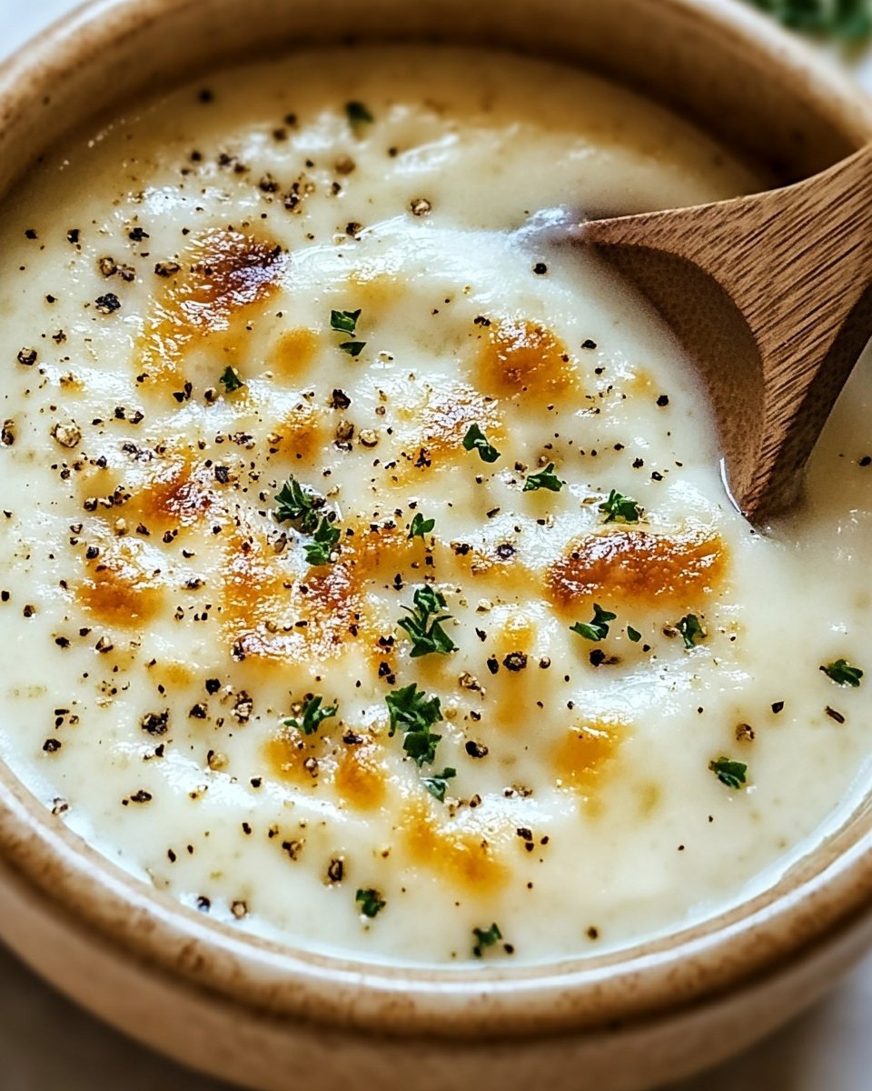 A shallow white bowl filled with a smooth, creamy white sauce that has a slightly glossy surface. The sauce is topped with small green parsley bits scattered evenly across the surface, some black pepper specks, and a light drizzle of golden oil creating streaks and small pools. The bowl sits on a white marbled surface with a soft blurred background showing a wooden tray. The texture of the sauce looks soft and thick with gentle ripples. Photo taken with an iphone --ar 4:5 --v 6.1