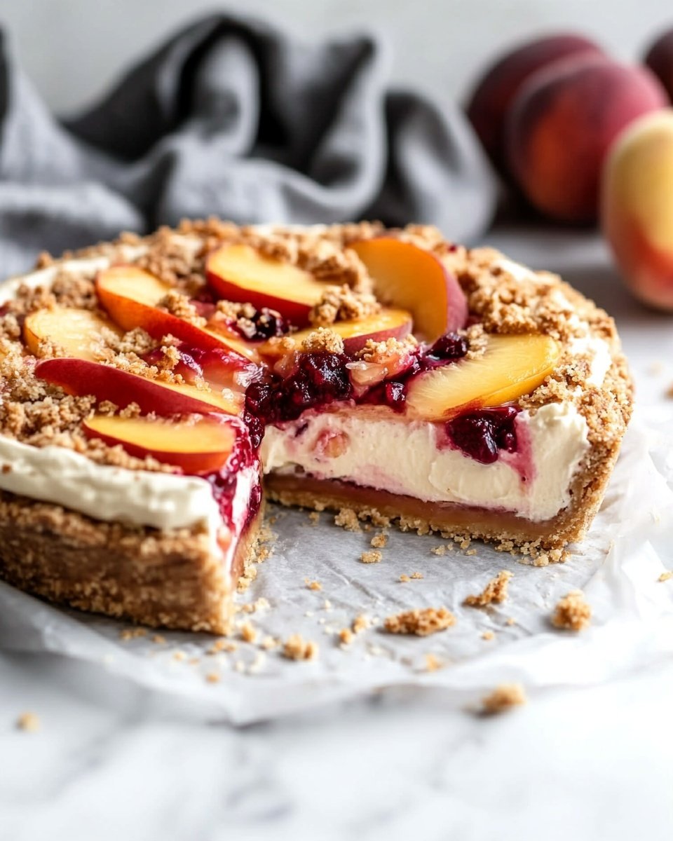 A thick cake with three clear layers sits on a white marbled surface: the bottom layer is a dense golden brown crust, the middle layer is smooth and creamy pale yellow, and the top layer is decorated with glossy red and orange fruit slices arranged loosely in a circle, sprinkled with light tan crumbly bits. A slice is being lifted to the right, showing the clean cut between the layers. Above the cake, a woman's hand sprinkles more crumbly bits, adding motion and extra texture. Around the cake, fresh whole fruits and scattered crumbs add natural detail. Photo taken with an iphone --ar 4:5 --v 6.1