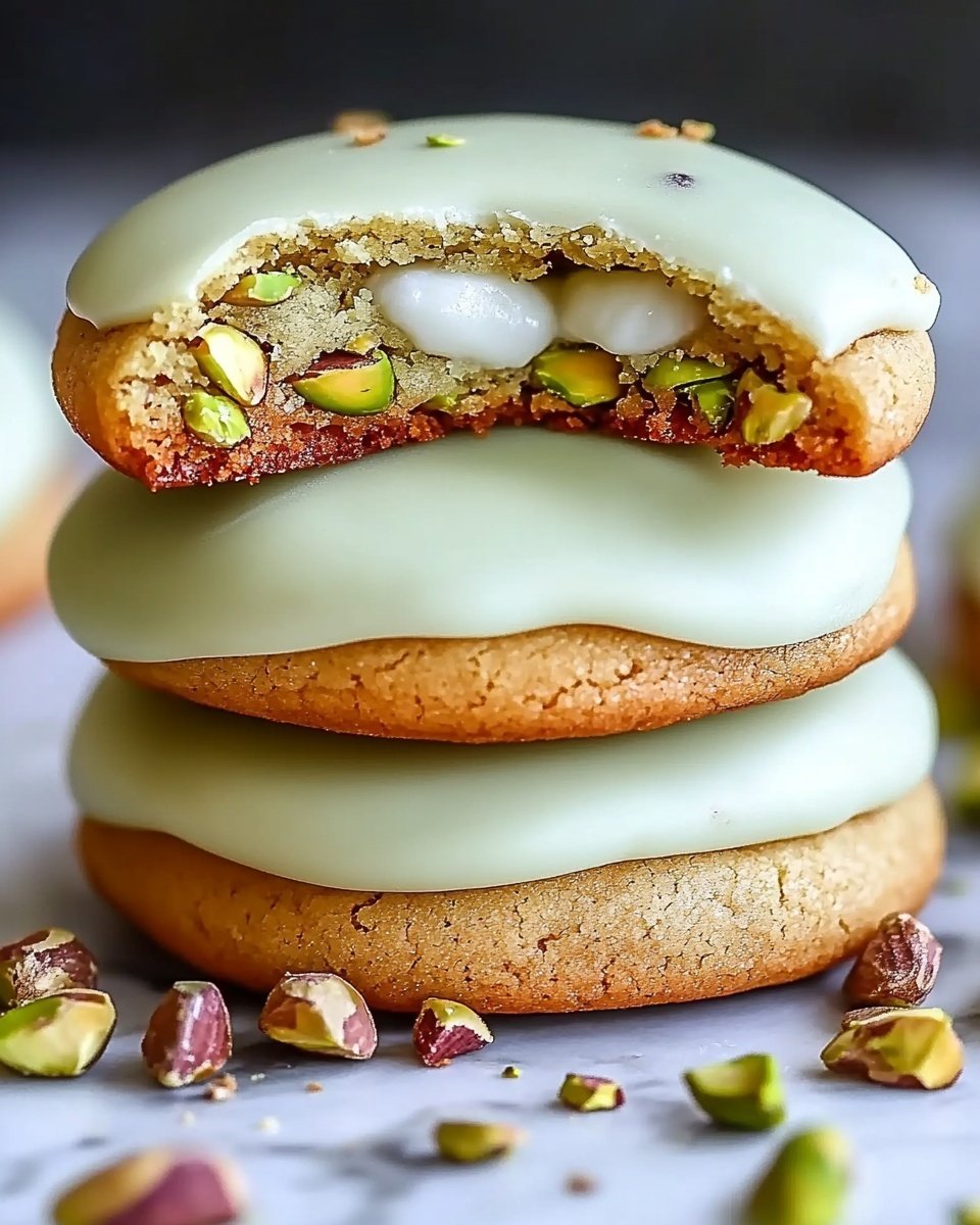 The image shows a stack of two cookies on a white marbled surface, each cookie topped with a smooth, shiny white glaze that drips slightly over the edges. The top cookie is cut in half to reveal its interior layers: a light brown crunchy outer cookie layer, a thick white creamy filling inside sprinkled with pieces of green and brown pistachio nuts, and a similar light brown cookie base. Around the stack, there are whole and broken pistachio nuts scattered on the white marbled surface. The overall look is neat and appetizing with a focus on the textures of the creamy filling and crunchy nuts. Photo taken with an iphone --ar 4:5 --v 6.1