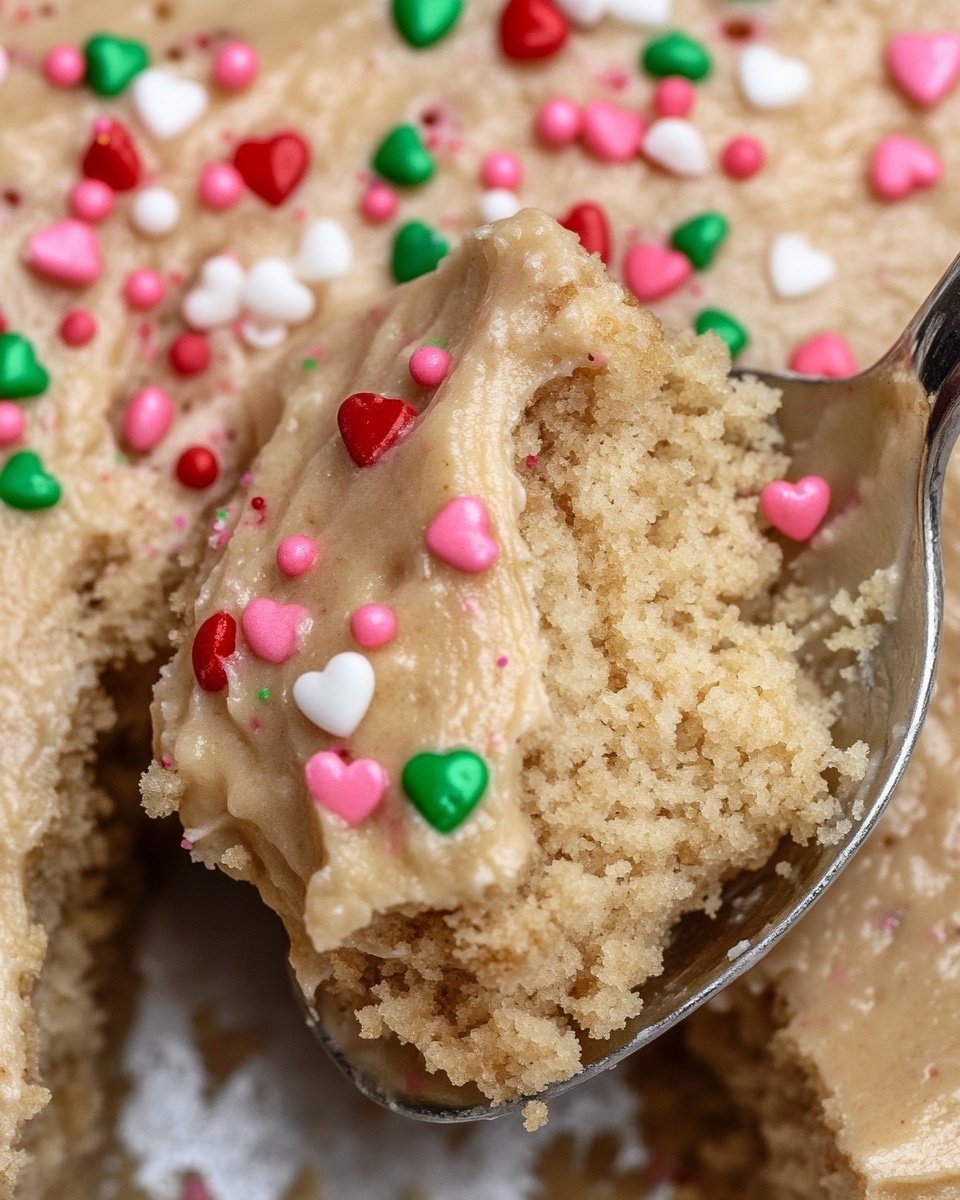 The image shows a close-up of a soft, beige cake with a thick, glossy caramel-colored icing spread unevenly on top. The icing is decorated with small, colorful sprinkles including bright red heart shapes, round pink, white, green, and red dots scattered across the surface. A silver spoon is lifting a textured piece of the cake covered in the icing and sprinkles, revealing the moist and crumbly inside of the cake. The background is a white marbled surface. photo taken with an iphone --ar 4:5 --v 6.1