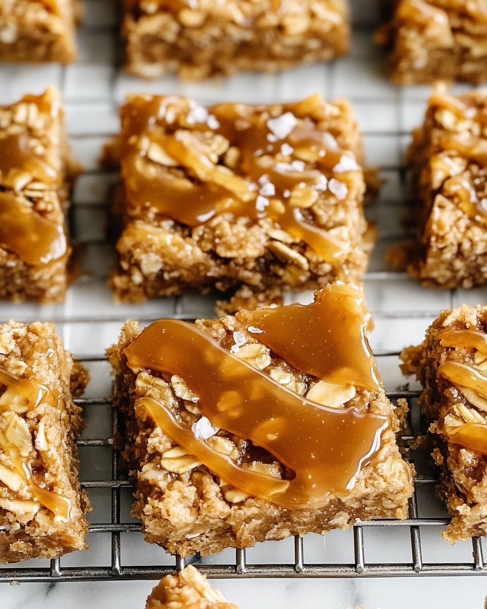 The image shows a group of crumb bars arranged on a white marbled surface, cut into square pieces. Each bar has three visible layers: a bottom crust layer that looks dense and golden, a middle layer of thinly sliced light brown apples, and a top layer of crumbly oat streusel textured with clumps and chunks of golden brown oats. An even drizzle of caramel-colored sauce is spread over the crumb layer, adding a glossy and smooth contrast to the rough texture below. There are a few scattered crumbs and flakes of salt on top, adding small white highlights. Photo taken with an iphone --ar 4:5 --v 6.1