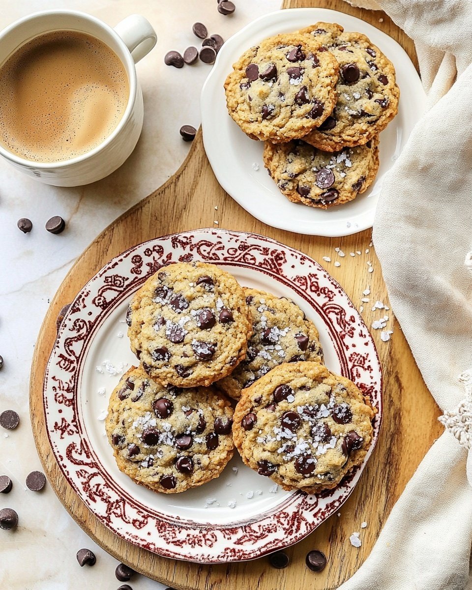 The image shows a white plate with a red floral pattern holding seven round cookies with a rough, textured surface. Each cookie is studded with many dark chocolate chips and sprinklings of coarse salt. The cookies are golden brown with visible bits of green, suggesting added ingredients inside. A woman's hand is picking up one cookie from the left side of the plate. In the background, there is a white plate holding more cookies and some scattered chocolate chips on a white marbled surface. A light beige cup with a light brown drink is partly visible in the top left corner. photo taken with an iphone --ar 4:5 --v 6.1