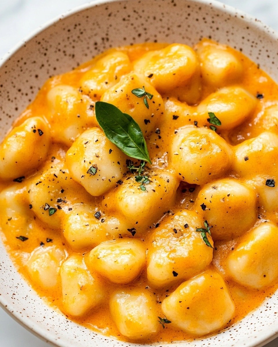 A close-up view of a bowl filled with soft, rounded gnocchi pieces coated in a thick, smooth orange sauce. The sauce has a creamy texture with small visible herbs mixed in, adding specks of green and black throughout. Fresh green herb leaves are sprinkled on top, contrasting with the warm color of the dish. The white bowl has a speckled design and sits on a white marbled surface. The image is bright and detailed, highlighting the texture of the gnocchi and sauce. Photo taken with an iphone --ar 4:5 --v 6.1
