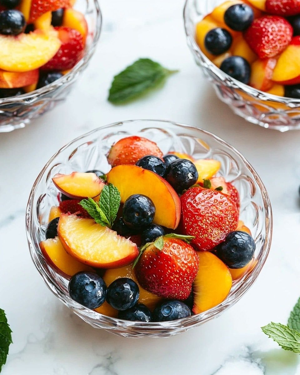 The image shows three clear glass bowls filled with a colorful fruit salad on a white marbled surface. Each bowl contains sliced red strawberries with a shiny, wet texture as the top layer, followed by round, plump, dark blue blueberries scattered throughout. Bright yellow peach chunks with smooth edges create another layer mixed evenly among the other fruits. Thin slices of green leaves, possibly mint, are sprinkled on top, adding fresh green tones to the mix. The bowls are slightly rounded with a patterned edge that catches the light naturally. photo taken with an iphone --ar 4:5 --v 6.1