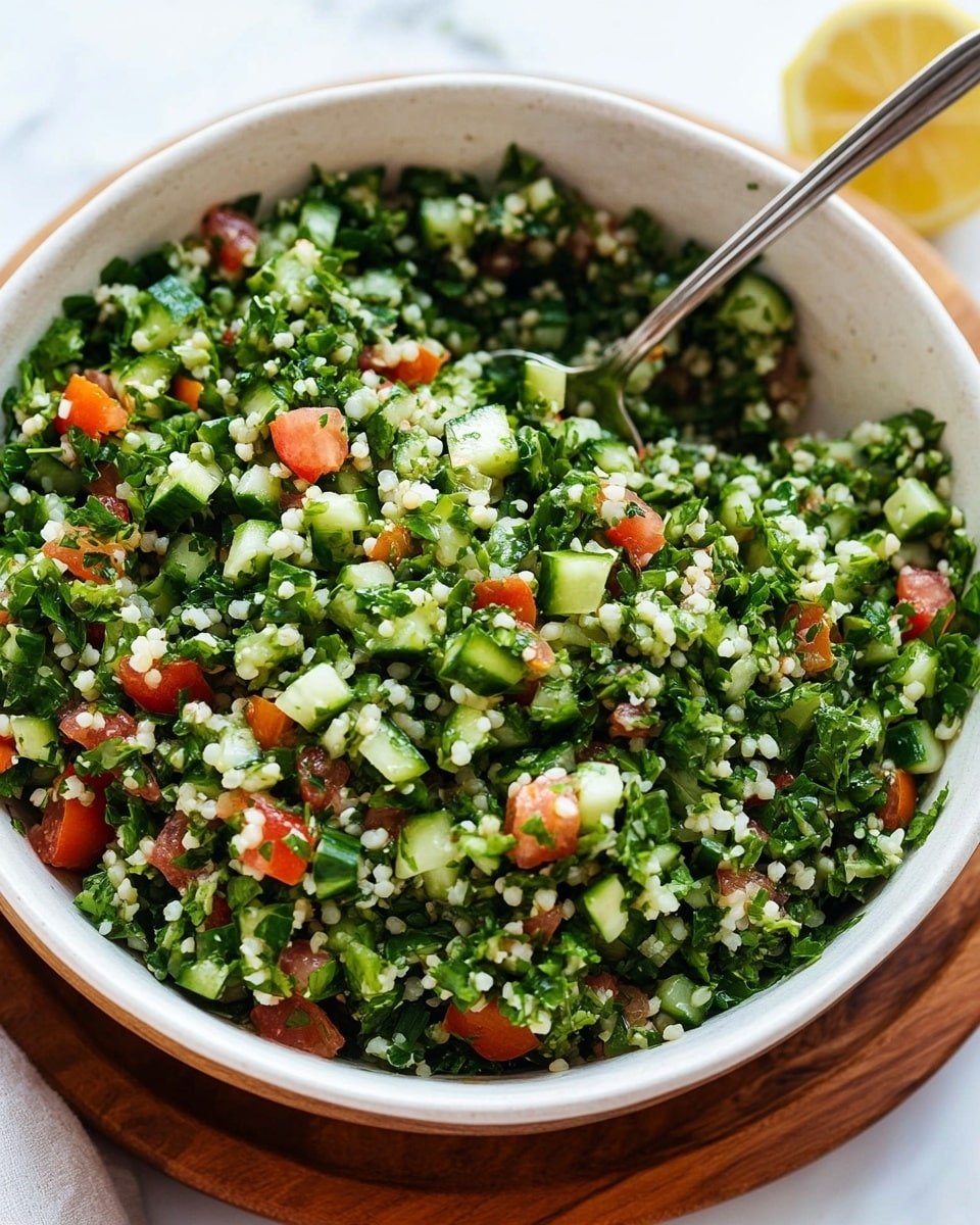 A large white bowl filled with a bright green salad made of finely chopped parsley, light tan bulgur, small pieces of red tomato, and some cucumber chunks, all mixed together showing a fresh and textured look. The bowl sits on a round wooden plate, and a silver spoon rests inside the bowl, partially covered by the salad. The background is a white marbled surface with a partially visible lemon wedge on the top right. The image is lit with soft natural light, highlighting the freshness and vibrant colors of the salad. Photo taken with an iphone --ar 4:5 --v 6.1
