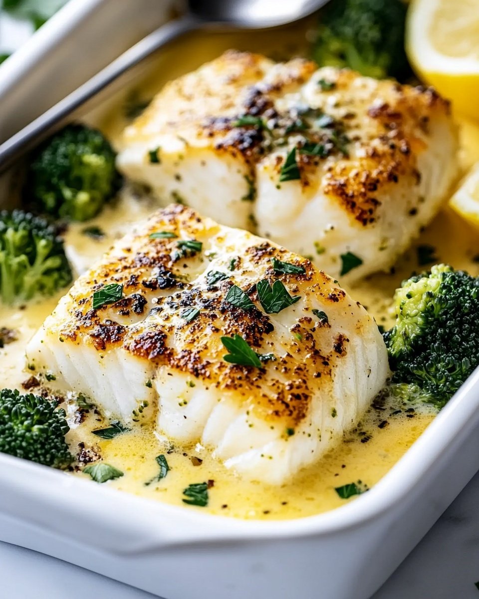 The image shows a white square dish with two thick pieces of white fish, each with a golden-brown crust on top, resting in a creamy yellow sauce with specks of green herbs. The fish pieces have a soft, flaky texture visible on the sides. Around the fish are small, bright green broccoli florets adding a fresh contrast, and a slice of yellow lemon is placed at the side. The sauce has a smooth, slightly shiny texture with sprinkled green herbs and black pepper, creating a rich, appetizing look. A metal spoon is partly visible in the background, behind the fish. The dish is on a white marbled surface. Photo taken with an iphone --ar 4:5 --v 6.1