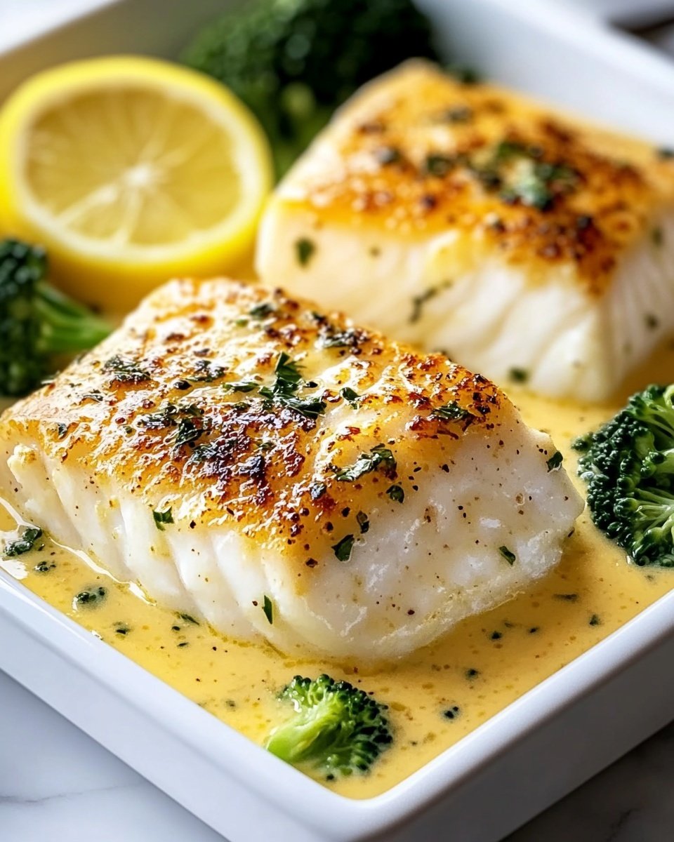 The image shows two thick white fish pieces with a golden brown crispy top, placed in a white rectangular dish. The fish sits in a smooth, light yellow creamy sauce, sprinkled with small green herb bits. Around the fish, there are small broccoli florets adding green color and a slice of lemon on the side for a fresh look. In the background, a spoon rests inside the dish. The dish is on a white marbled surface. photo taken with an iphone --ar 4:5 --v 6.1