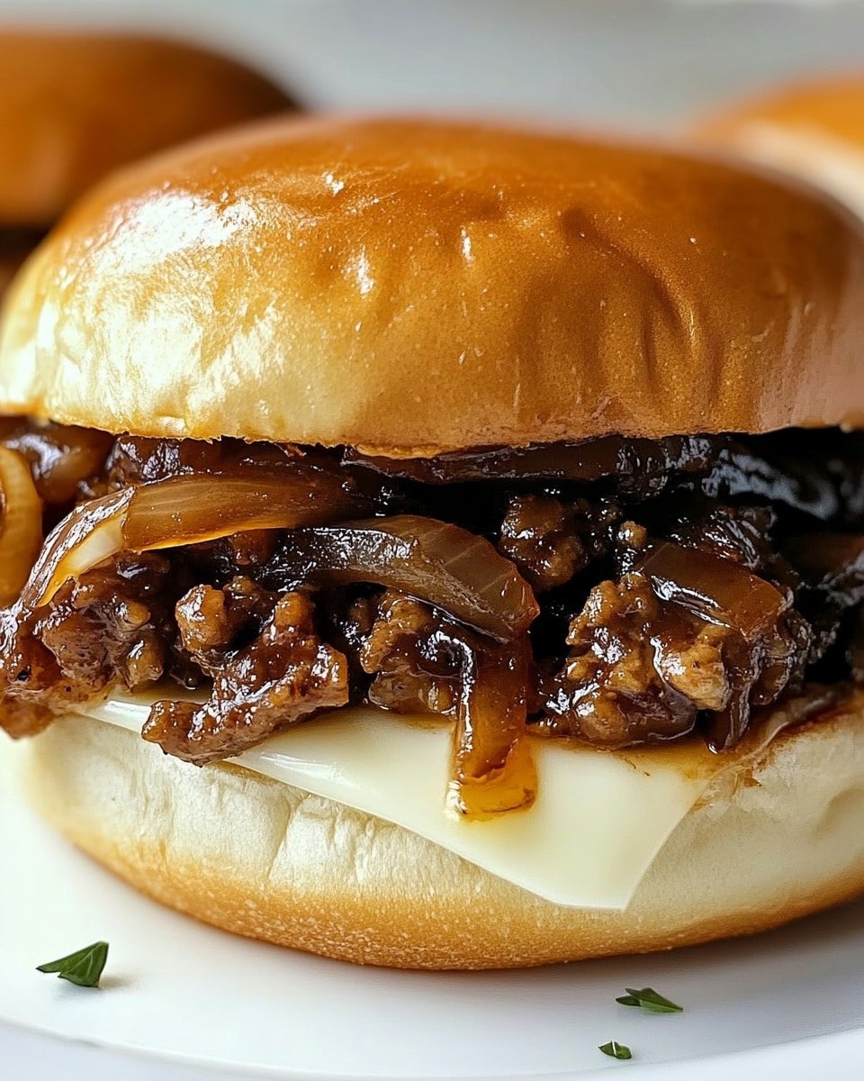 The image shows a close-up of a sandwich with three main layers. The bottom layer is a soft, light tan bun with a smooth texture. The middle layer is made of cooked ground meat mixed with cooked onions, both dark brown with a shiny, moist look as the juices drip slightly. On top of the meat is a slice of melted white cheese that covers part of the meat and some onions below it. The sandwich is topped with a shiny golden-brown bun that has a slightly wrinkled surface and some small green herb pieces scattered on it. The sandwich sits on a white plate against a white marbled background. photo taken with an iphone --ar 4:5 --v 6.1
