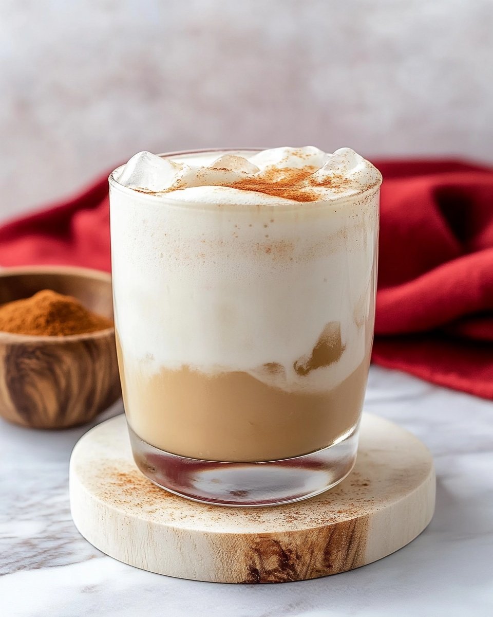 A clear glass filled with a creamy light beige drink that has visible ice cubes inside. The top layer is a thick, white foam that sits above the drink and slightly drips down the inside of the glass. A light dusting of brown cinnamon powder is sprinkled across the foam. The glass sits on a white marble coaster, which is placed on a wooden board with a rich grain pattern. In the background, there is a red apple and a small wooden bowl filled with cinnamon powder, along with a folded red and white cloth on a white marbled surface. photo taken with an iphone --ar 4:5 --v 6.1