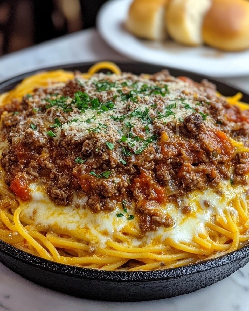 A large round cast iron skillet holds a layered dish with three main layers. At the bottom, melted creamy cheese with a light golden texture spreads across the skillet's surface. Above the cheese, there is a large mound of yellow spaghetti noodles, lightly coated with sauce, visible in thick twisted strands. On top, a generous layer of rich brown minced meat sauce with hints of red from small tomato pieces covers most of the pasta. The whole dish is sprinkled with finely chopped green herbs for color. The background is a white marbled surface with a blurred white plate holding some bread rolls in the back. Photo taken with an iphone --ar 4:5 --v 6.1