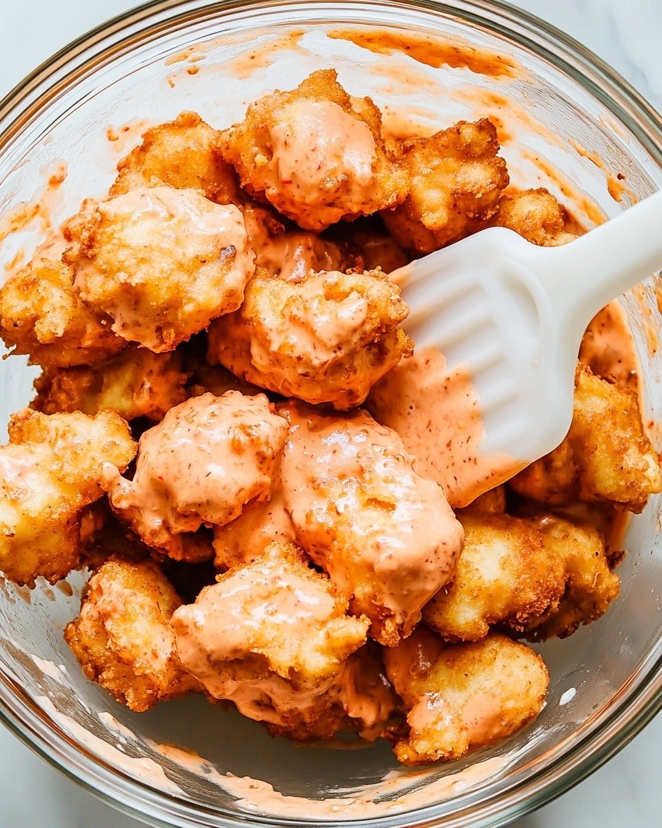 A close-up top view of a clear glass bowl filled with many golden brown fried pieces coated with a thick, creamy light orange sauce. The pieces are stacked with some touching the bowl’s sides, showing a crunchy texture under the sauce. A white spatula inside the bowl is lifting some pieces slightly. The background is a white marbled surface. photo taken with an iphone --ar 4:5 --v 6.1
