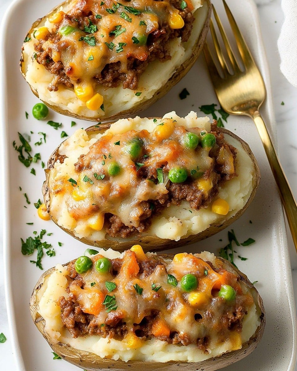 A baked potato is placed on a white plate with light brown speckles, set on a white marbled surface. The potato is split in the middle, showing three layers: the outer rough brown skin, a thick white mashed potato topping with slightly browned edges and sprinkled with small green parsley pieces, and the inner filling of brown minced meat mixed with colorful vegetables including yellow corn, green peas, and small orange carrot cubes, coated in a glossy dark brown sauce that spills onto the plate. A silver fork rests beside the potato. Photo taken with an iphone --ar 4:5 --v 6.1