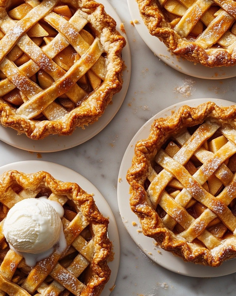 Four mini apple pies with golden-brown lattice crusts are shown on a black surface. Each pie has a flaky crust with sugar crystals sprinkled on top. One pie at the top left has a scoop of white vanilla ice cream melting on it, with a spoon inside sinking into the warm apple filling of soft, light brown apple pieces and cinnamon sauce. There are small pie crumbs scattered on the surface around the pies. The pies are on white plates, and the entire scene is framed from above on a white marbled background. photo taken with an iphone --ar 4:5 --v 6.1