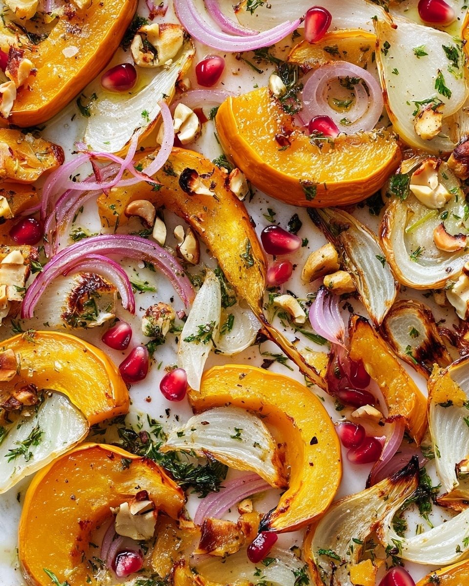 The image shows a white plate filled with roasted vegetable slices layered together. The bottom layers include golden-yellow and orange roasted squash pieces with soft, slightly charred edges. On top of these sit caramelized, light brown and cream grilled fennel slices with visible grill marks. Scattered across the vegetables are thin, translucent pinkish pickled onion rings, bright red pomegranate seeds, and small pieces of toasted nuts, adding texture and color contrast. Fresh green herb sprinkles lightly cover the dish. A silver spoon is visible on the right side, holding a small serving of the mixed vegetables. The plate is set on a white marbled surface. Photo taken with an iphone --ar 4:5 --v 6.1