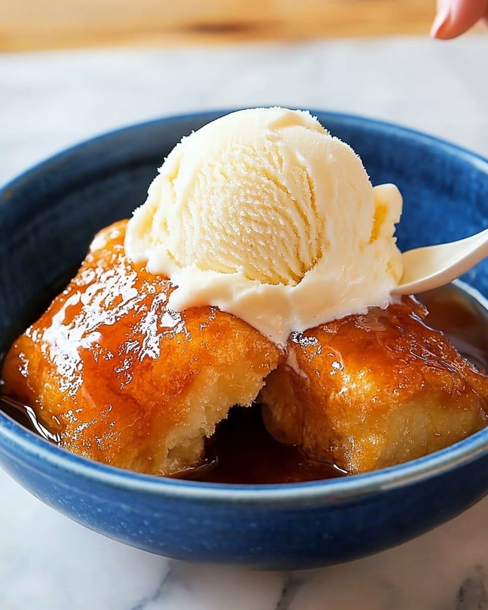 A blue bowl filled with two pieces of warm, shiny golden-brown fried dough soaked in syrup, giving them a glossy texture. On top of the dough is a large scoop of creamy white vanilla ice cream with a soft, slightly rough surface. The bowl sits on a white marbled surface, and a woman's hand holds a white spoon dipping into the bowl from the right side. Photo taken with an iphone --ar 4:5 --v 6.1