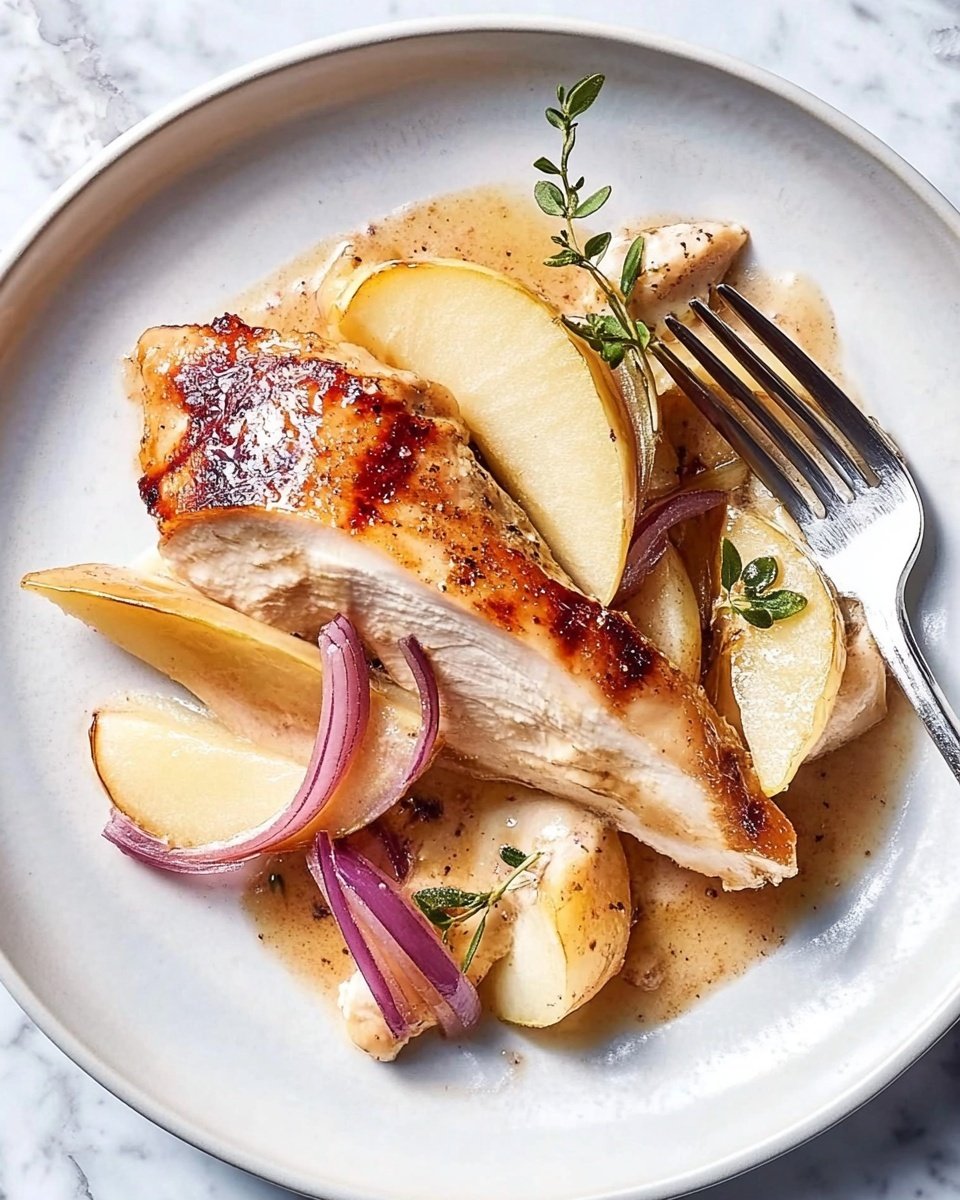 A white round plate on a white marbled surface holds a dish with three main parts layered closely together: the base layer consists of pale yellow apple slices with a soft, slightly shiny texture; on top of the apples are thin, curled strips of red onion adding a light purple-pink color and soft texture; the top layer features two pieces of cooked chicken, showing a golden-brown grilled surface with a slight char and white interior where one piece is slightly cut, held by a silver fork. Small green sprigs, likely thyme, are placed on the food for decoration. The overall look shows a mix of warm browns, pale yellows, and soft purples with light sauce underneath. photo taken with an iphone --ar 4:5 --v 6.1