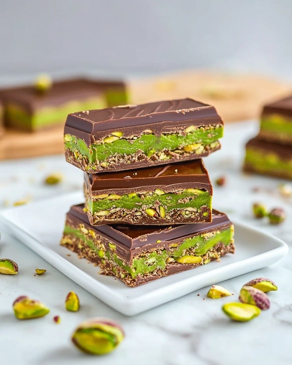 The image shows two stacked chocolate bars on a small white rectangular plate. Each chocolate bar has two layers: the top layer is smooth milk chocolate with light green swirls, featuring a grooved texture and a topping of small crushed nuts; the bottom layer is a bright green filling with a rough, fibrous texture. The plate sits on a white marbled surface scattered with a few whole pistachio nuts. In the background, more whole chocolate bars are placed on a light wooden board. Photo taken with an iphone --ar 4:5 --v 6.1