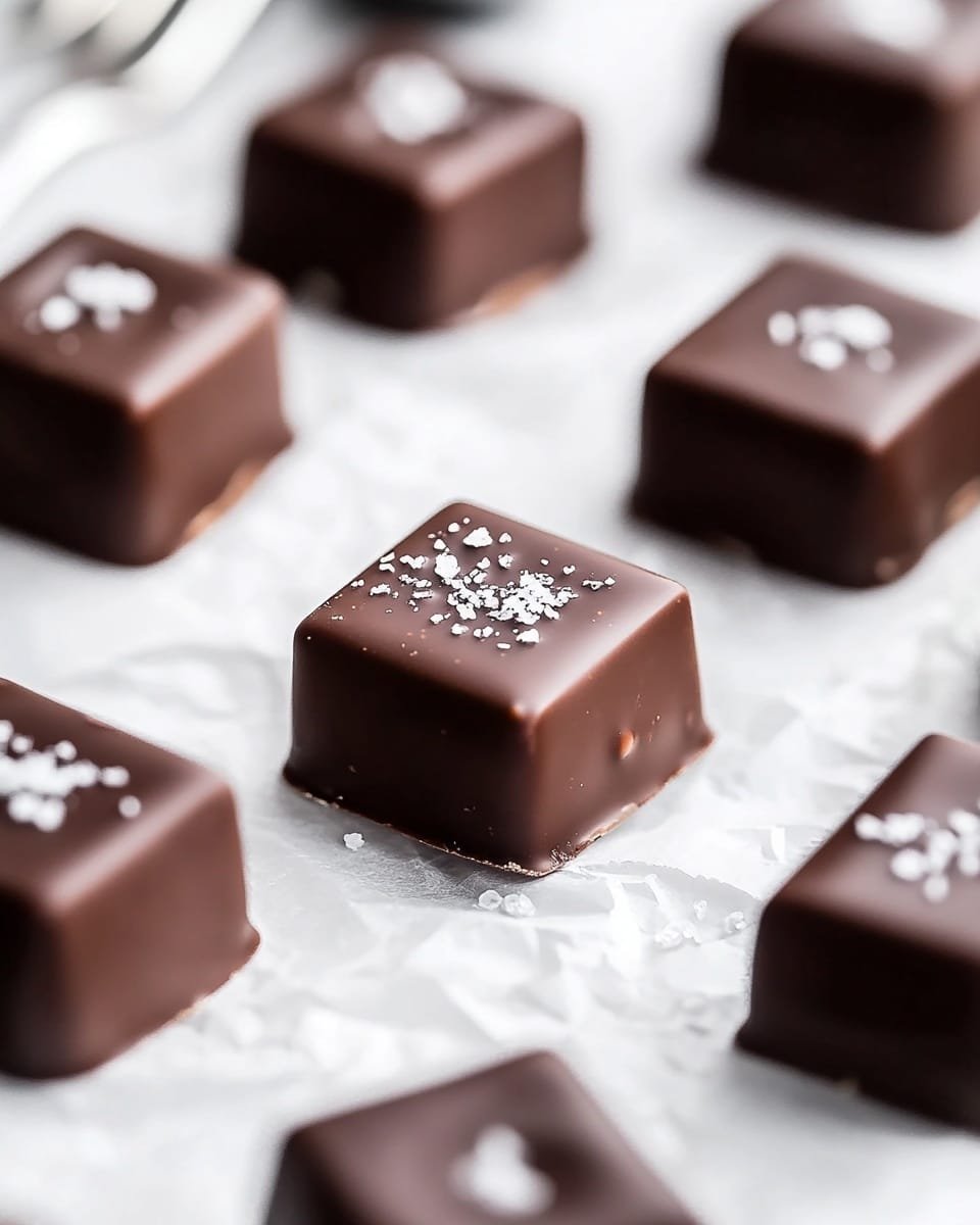 The image shows many square-shaped chocolates with smooth, dark brown shiny tops. Each chocolate has a small amount of sparkling white salt flakes scattered on its top surface. The chocolates are placed on crumpled white paper, with a soft focus background of a white marbled texture. Some chocolates are close to the camera, showing details of their smoothness and gloss, while others are blurred farther away. A shiny silver fork is visible in the background, blending softly with the white marbled surface. photo taken with an iphone --ar 4:5 --v 6.1