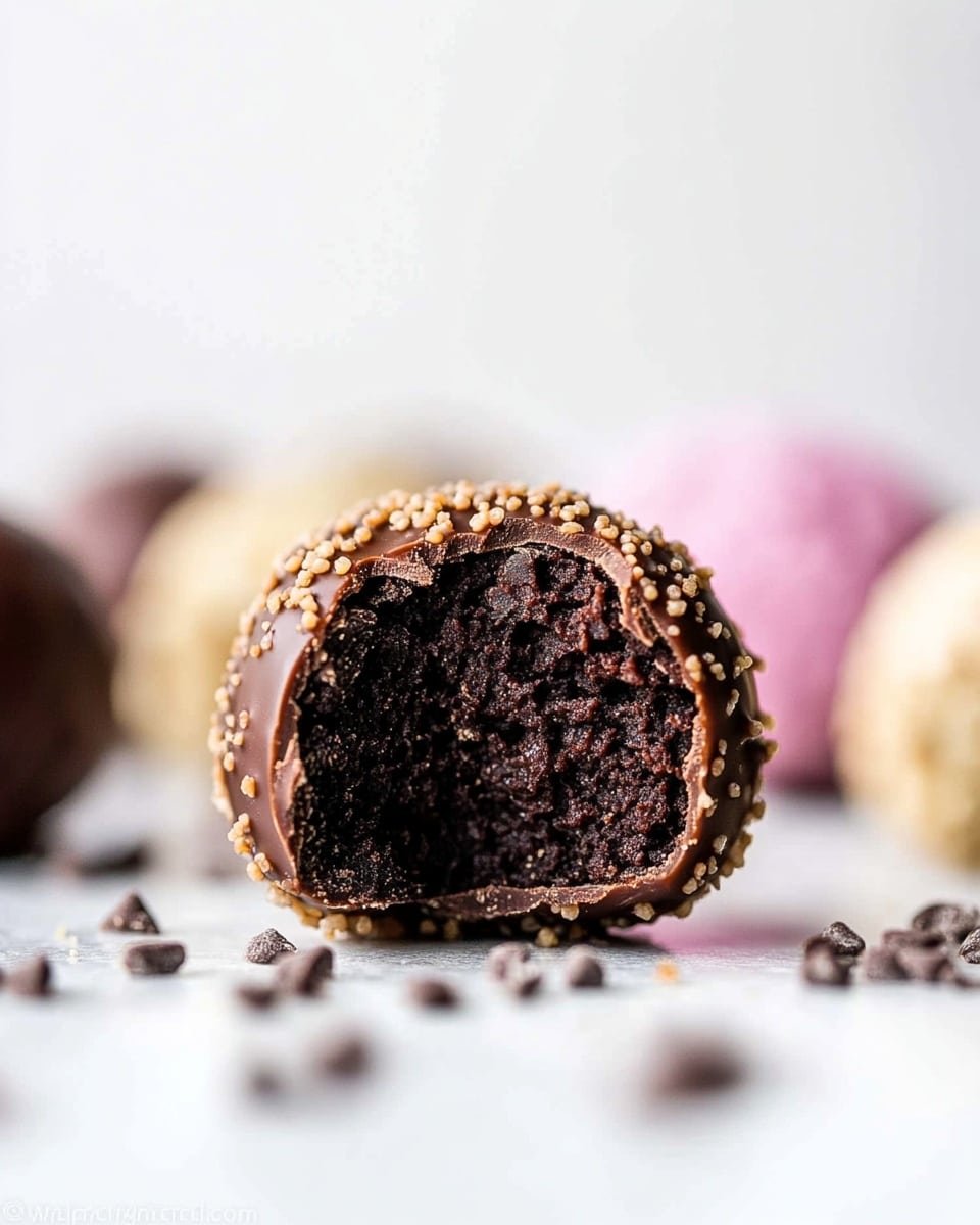A close-up of a single round chocolate truffle cut in half, showing a dense, smooth, dark brown interior with a slightly glossy texture. The truffle is covered in a layer of small, dark brown chocolate sprinkles that add a rough, bumpy texture on the outside. It sits on a white marbled surface with scattered chocolate sprinkles around it. Behind the main truffle, there are blurred truffles in different colors including tan, light brown, pink, and beige, adding depth to the image. photo taken with an iphone --ar 4:5 --v 6.1