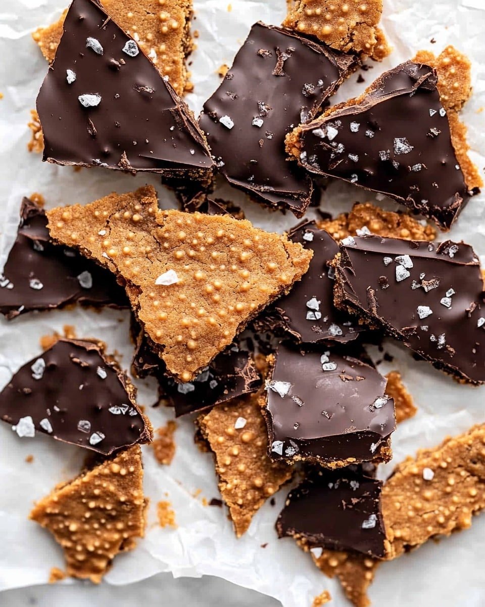 A stack of five square-shaped bars sits on a white plate with a slightly curved edge, placed on a white marbled surface. Each bar has two main layers: a golden-brown, slightly crumbly base with small dark specks, and a smooth dark chocolate layer on top. The chocolate layer has a few flakes of coarse sea salt scattered on it. A woman's hand is lifting the top bar, showing the texture of its bottom layer and the glossy chocolate on top. The stack looks thick and slightly uneven. photo taken with an iphone --ar 4:5 --v 6.1