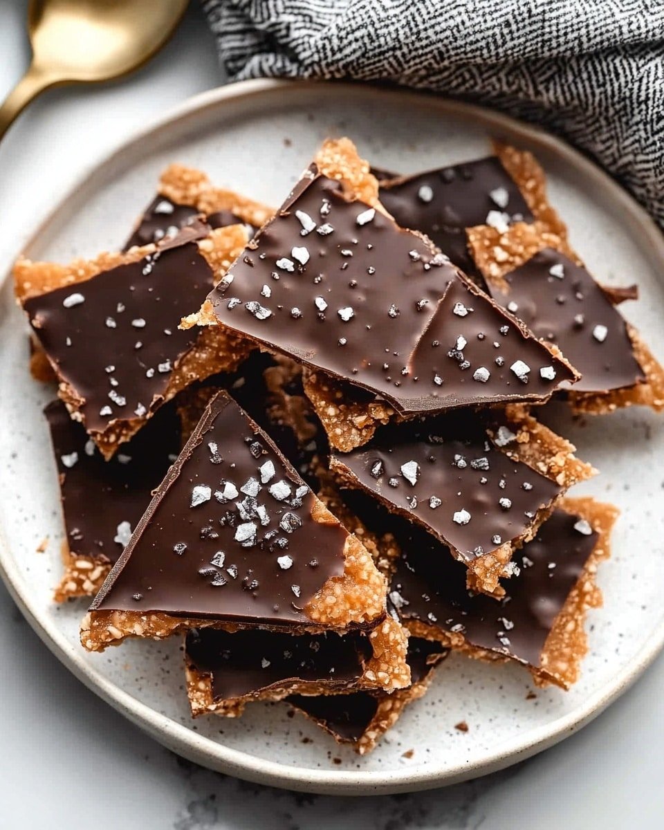 The image shows a white plate filled with several pieces of toffee bark. Each piece has two layers: a bottom layer of light brown toffee with a rough, crunchy texture, speckled with darker bits, and a top layer of smooth, dark chocolate with a few wrinkles. The chocolate is sprinkled with coarse sea salt flakes. The plate is on a white marbled surface, next to a spoon and a folded cloth with black and white stripes. Photo taken with an iphone --ar 4:5 --v 6.1