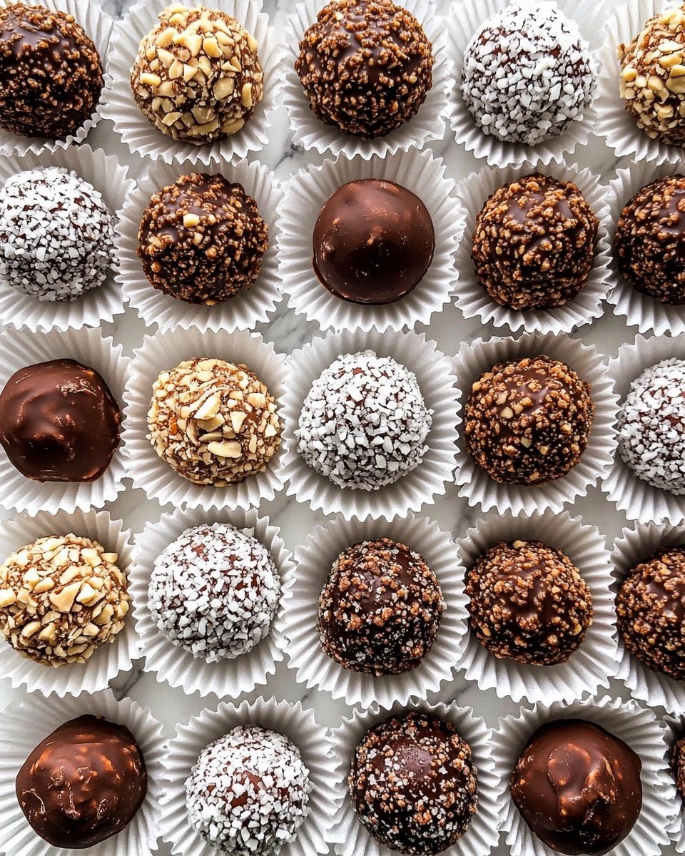 The image shows a close-up of a single dark brown chocolate ball with a rough texture and small crunchy nut pieces sprinkled on the outside. It sits on a white, ridged cupcake liner that adds a delicate background detail, placed on a white marbled surface. The chocolate ball has a moist, slightly crumbly inside, visible from a bite taken out of its front. In the soft-focus background, there are other chocolate balls in white ridged liners, enhancing depth but keeping attention on the front piece. The lighting is soft and natural, making the chocolate look rich and inviting. photo taken with an iphone --ar 4:5 --v 6.1