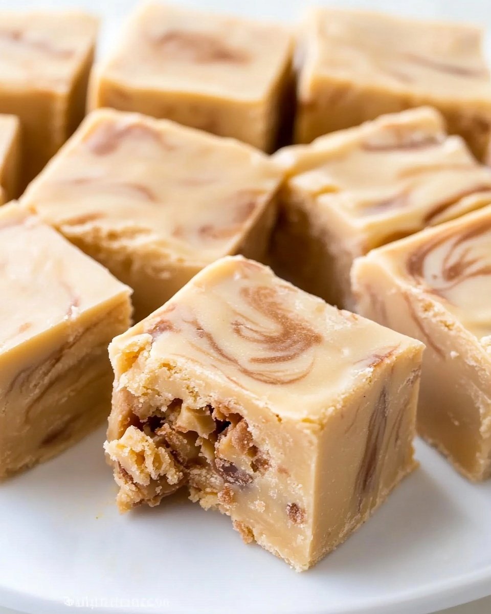 The image shows several square pieces of fudge stacked on a white plate, placed on a white marbled surface. Each piece of fudge has two visible layers with a creamy light caramel color mixed with swirls of darker brown, giving a marbled effect. The texture looks smooth but slightly soft. One piece is resting on top of another at an angle, showing the thickness clearly. The scene is brightly lit, focusing close on the fudge squares. Photo taken with an iphone --ar 4:5 --v 6.1
